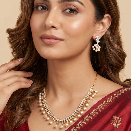 Gold-Tone Pearl and Stone Embellished Necklace Set
