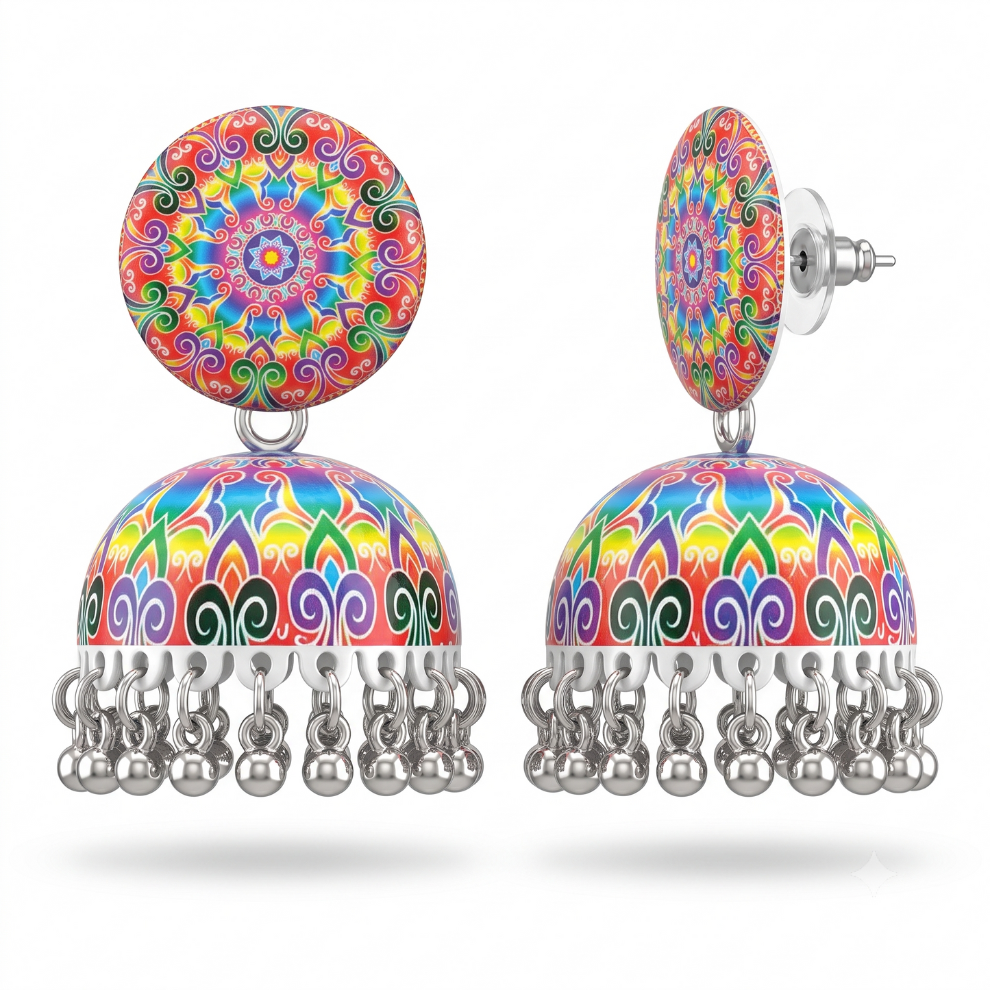 Silver Toned Brass Rainbow Mandala Print Jhumka Earrings