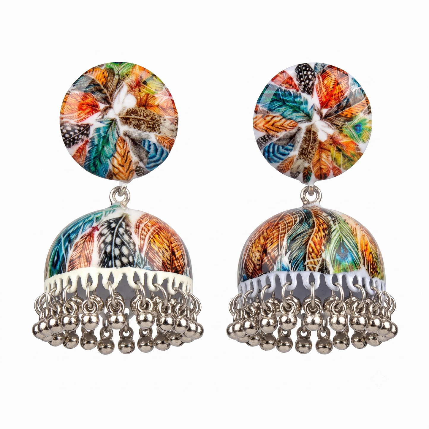 Silver Toned Brass Abstract Print Jhumka Earrings