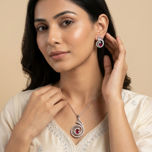 Elegant Spiral Ruby Stone Pendant Set