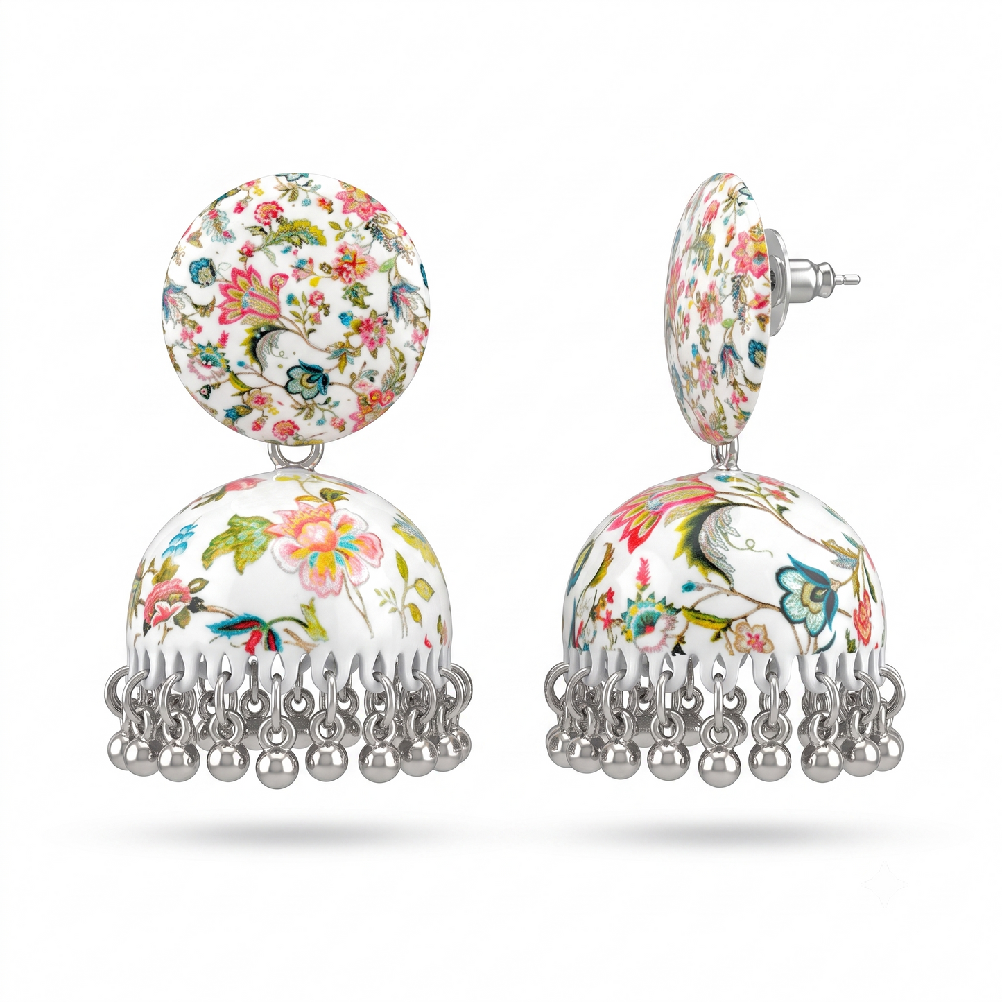 Silver Toned Brass Floral Print Jhumka Earrings