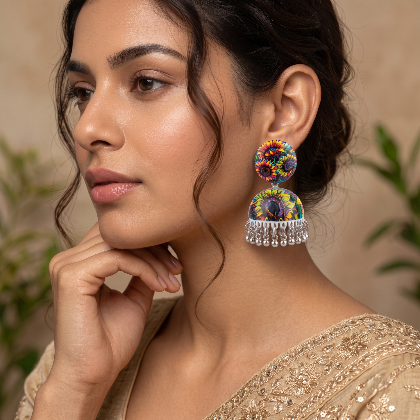 Silver Toned Brass Multicolor Sunflower Print Jhumka Earrings