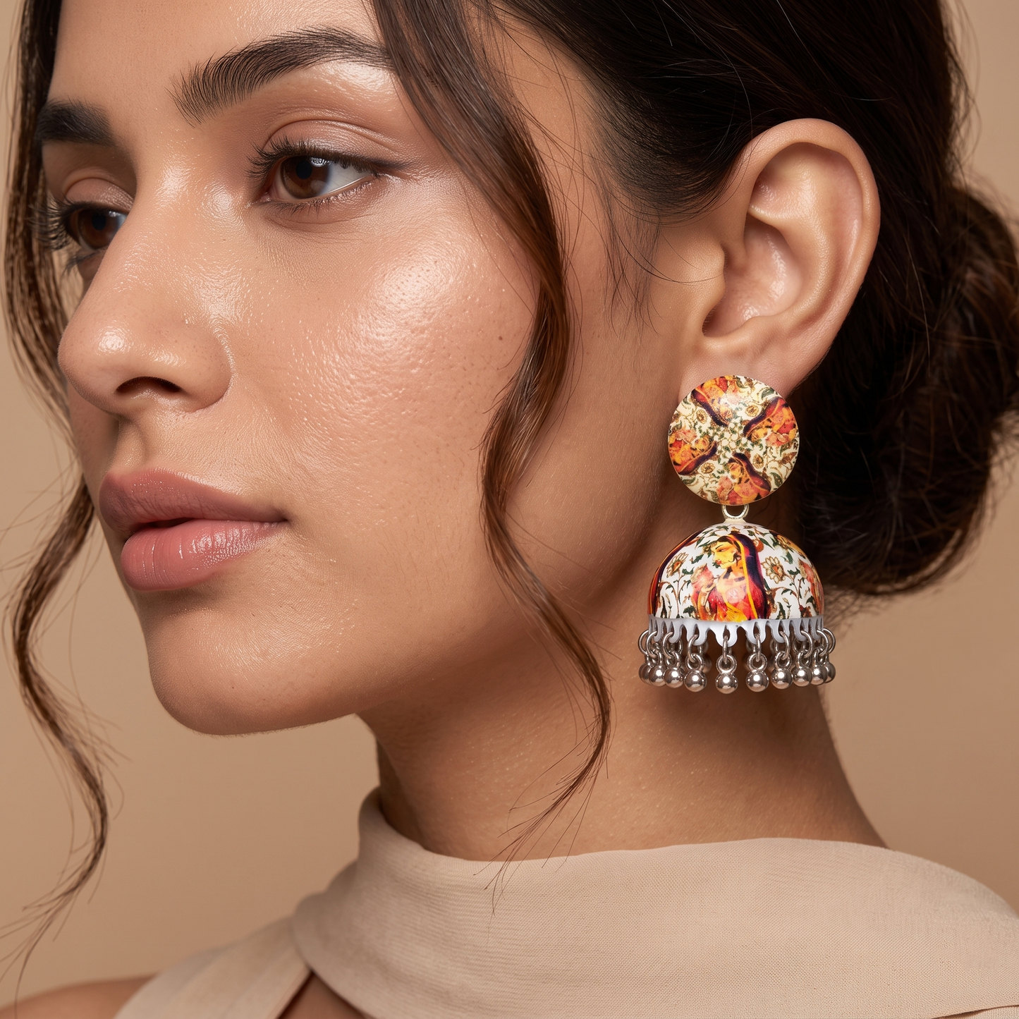 Silver Toned Brass Orange Floral Print Jhumka Earrings