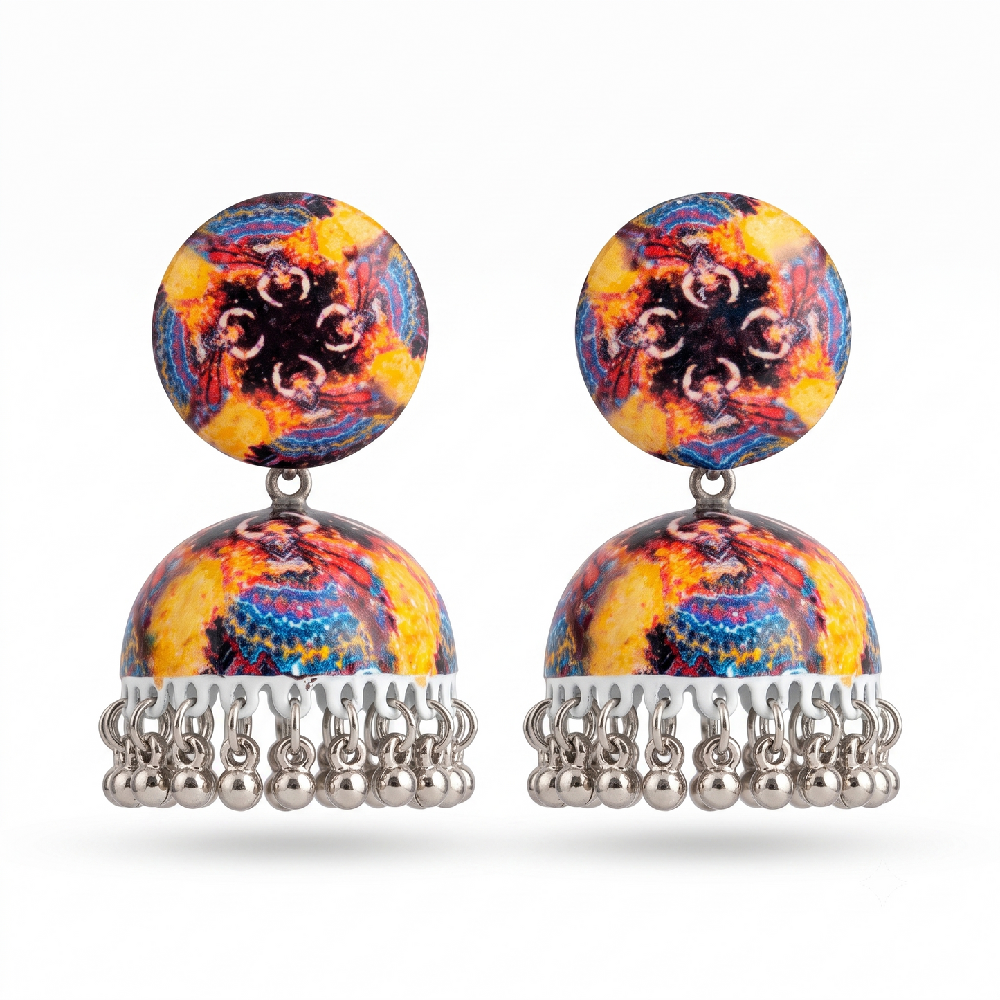 Silver Toned Brass Tribal Print Jhumka Earrings