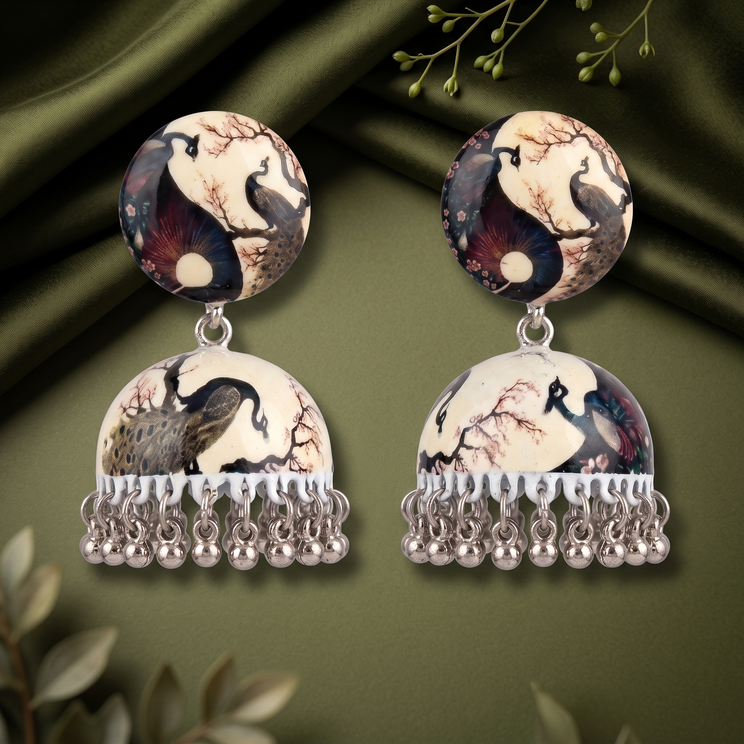 Silver Toned Brass Peacock Print Jhumka Earrings