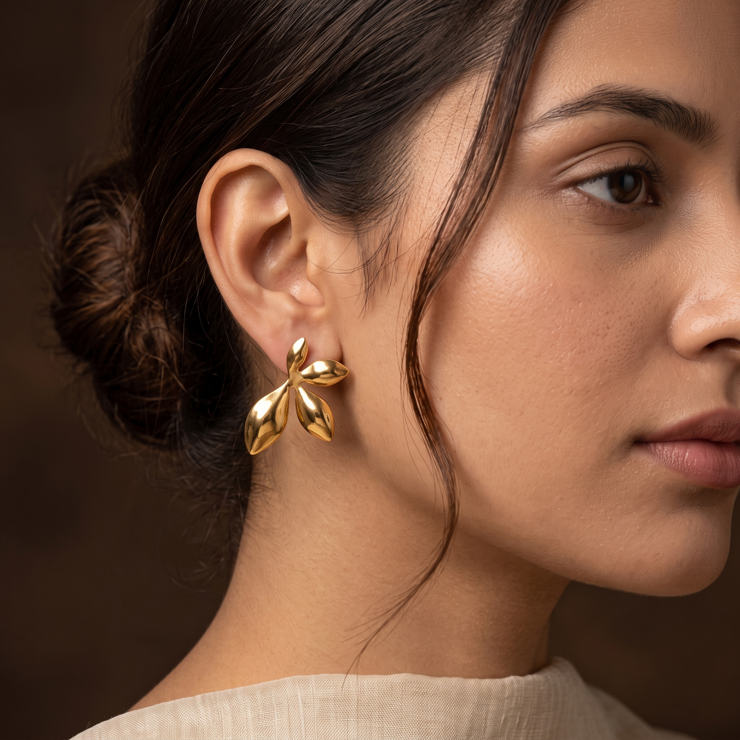 Gold Toned Brass Leaf Stud Earrings