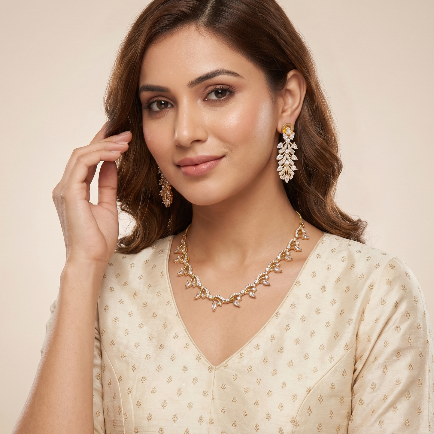 Gold-Tone Leaf Pattern Stone Necklace Set