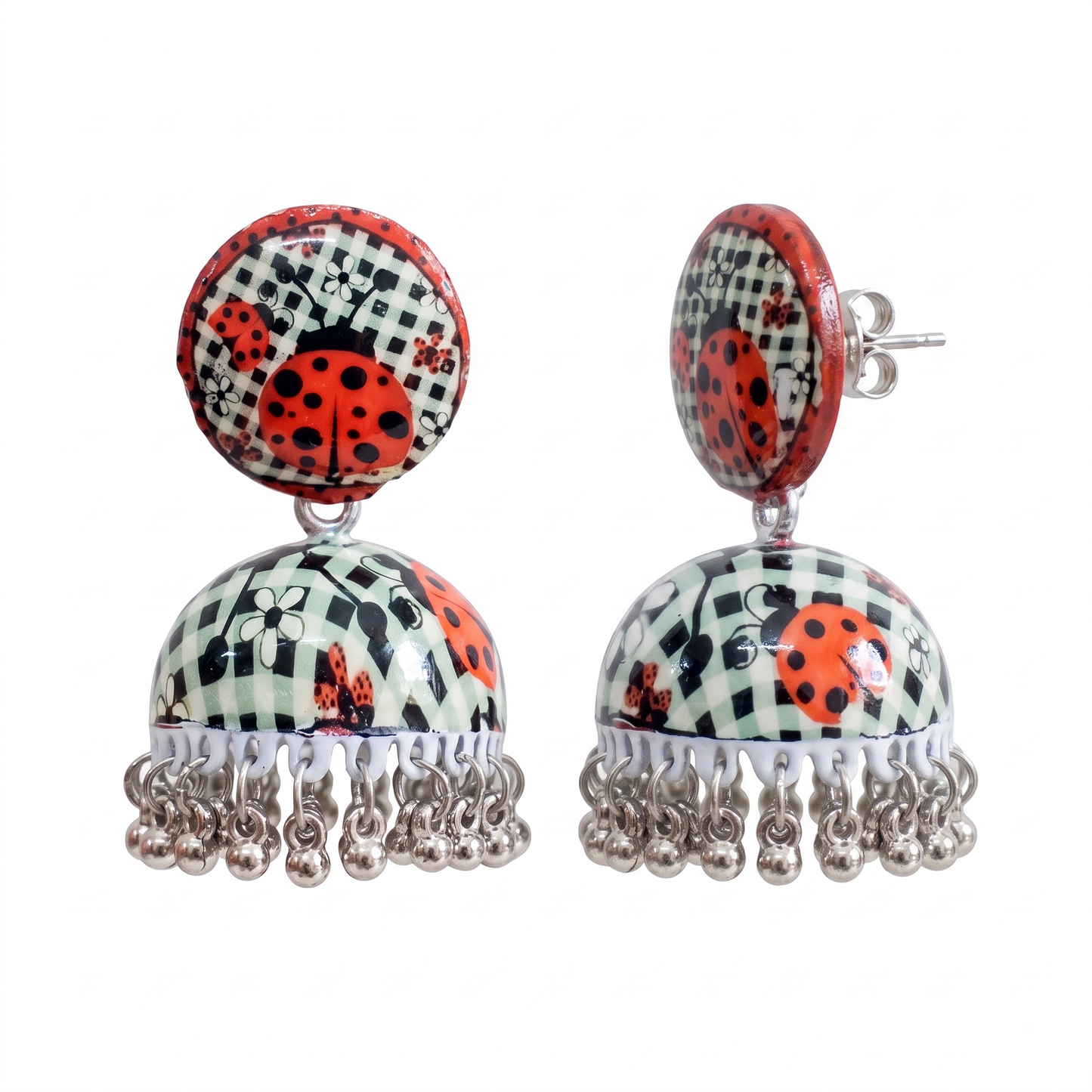 Silver Toned Brass Ladybug Print Jhumka Earrings