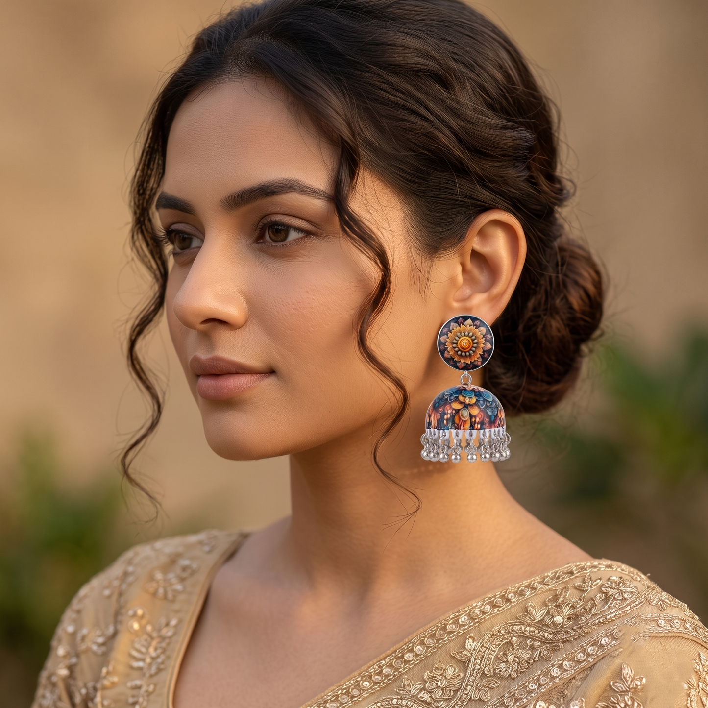 Silver Toned Brass Floral Mandala Print Jhumka Earrings