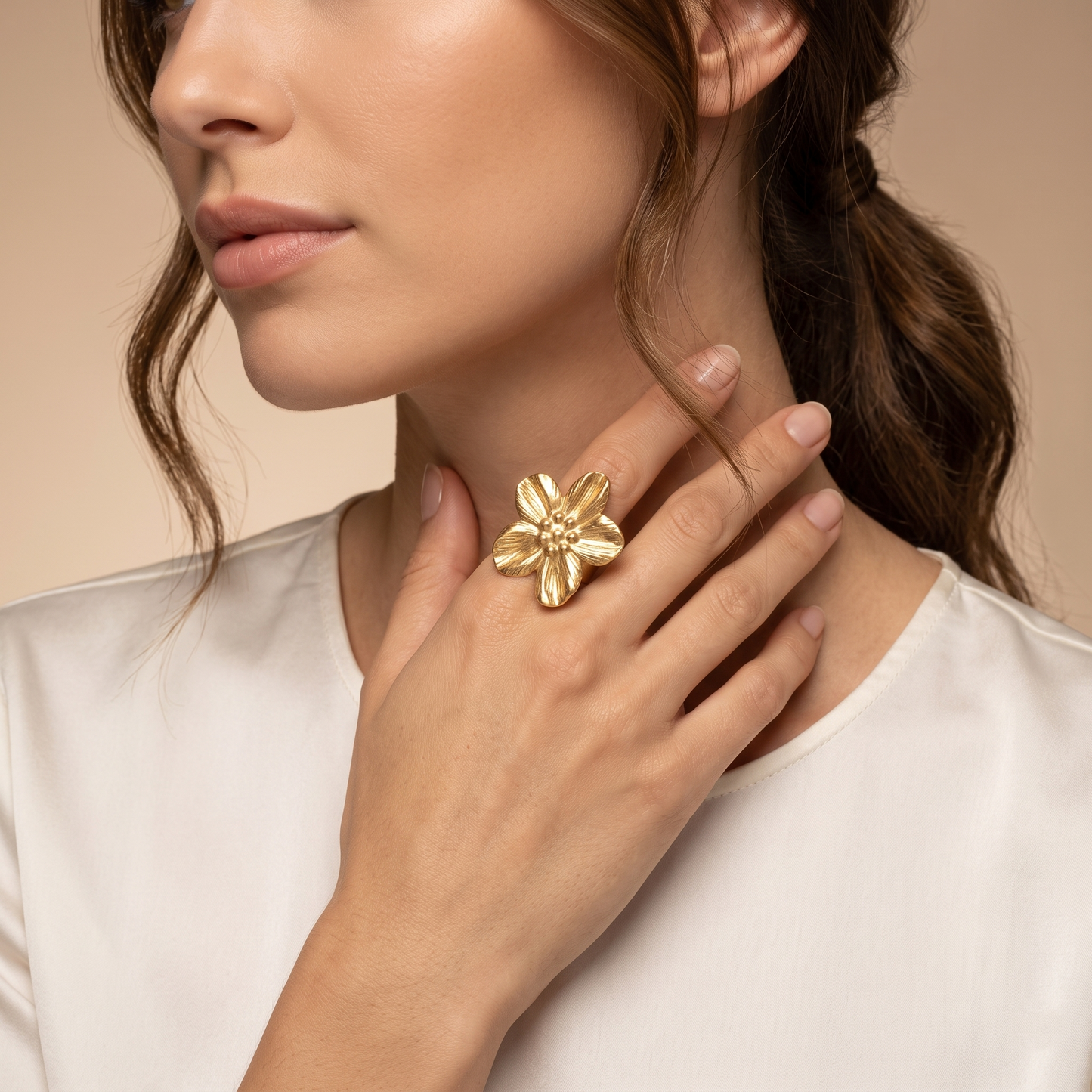 Gold Toned Brass Flower Necklace, Earrings And Ring Set
