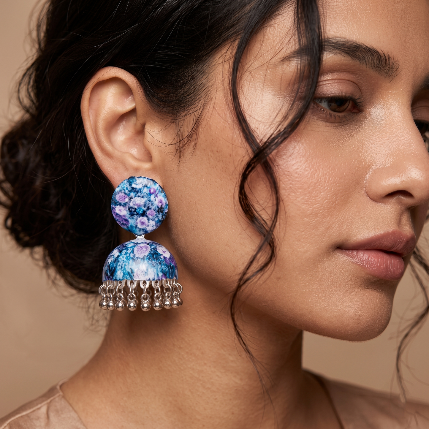 Silver Toned Brass Blue Floral Print Jhumka Earrings