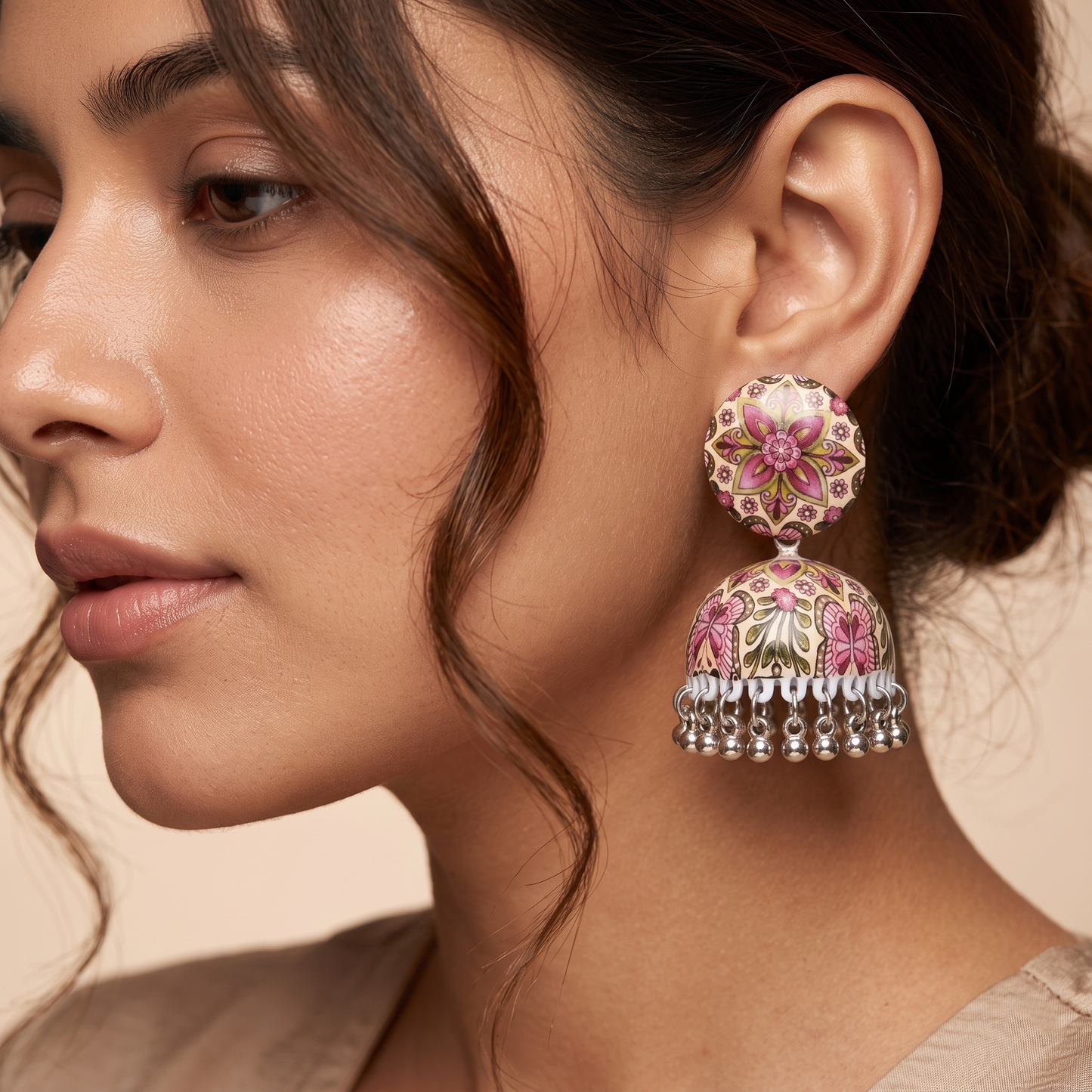 Silver Toned Brass Pink Floral Mandala Print Jhumka Earrings