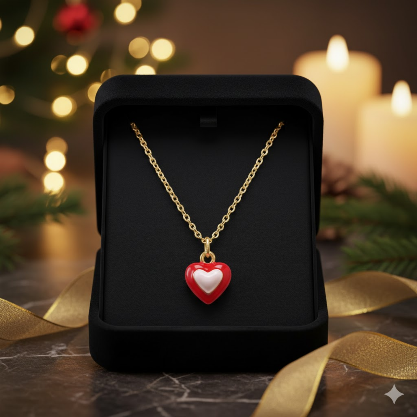 Red White Enamel Heart Charm Necklace