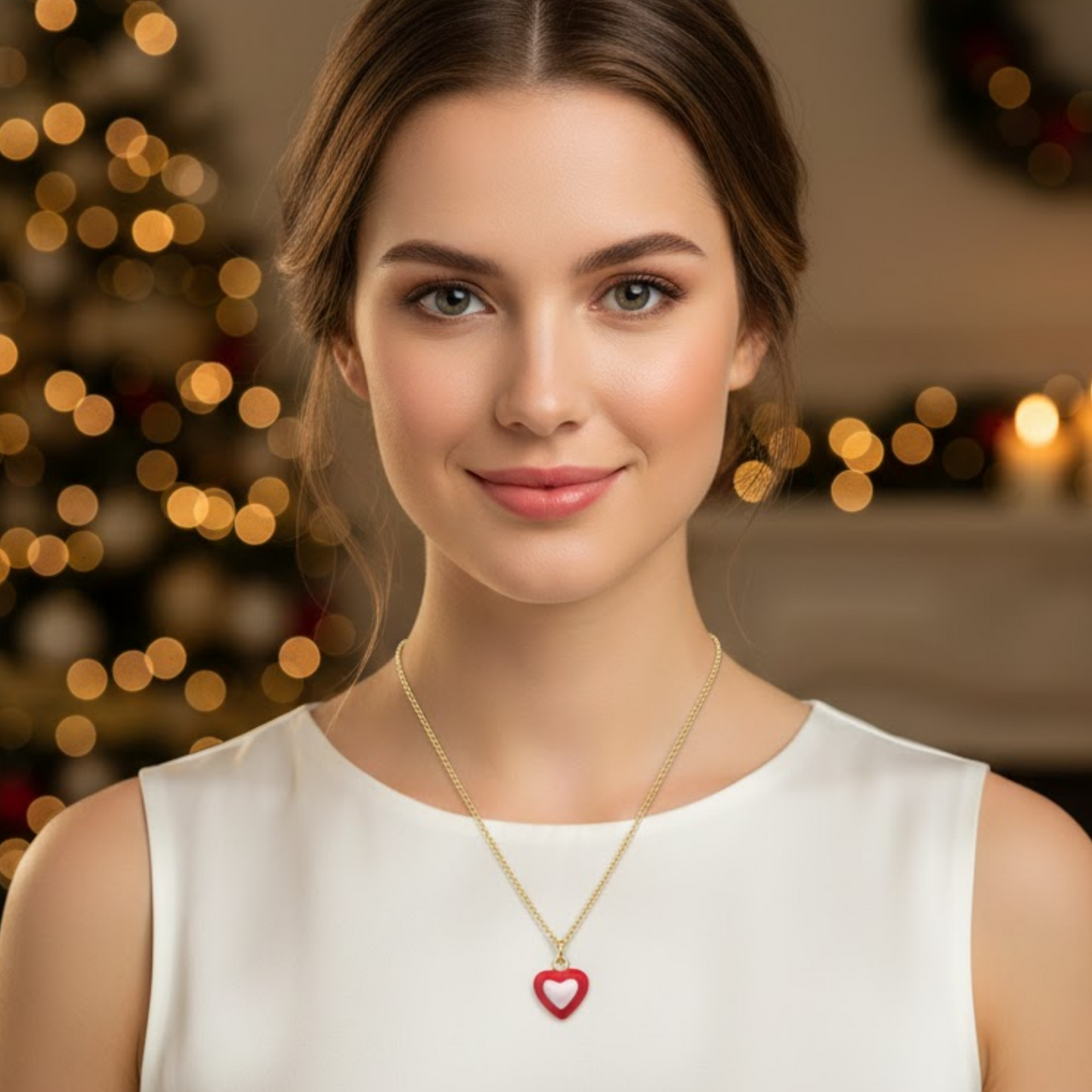 Red White Enamel Heart Charm Necklace