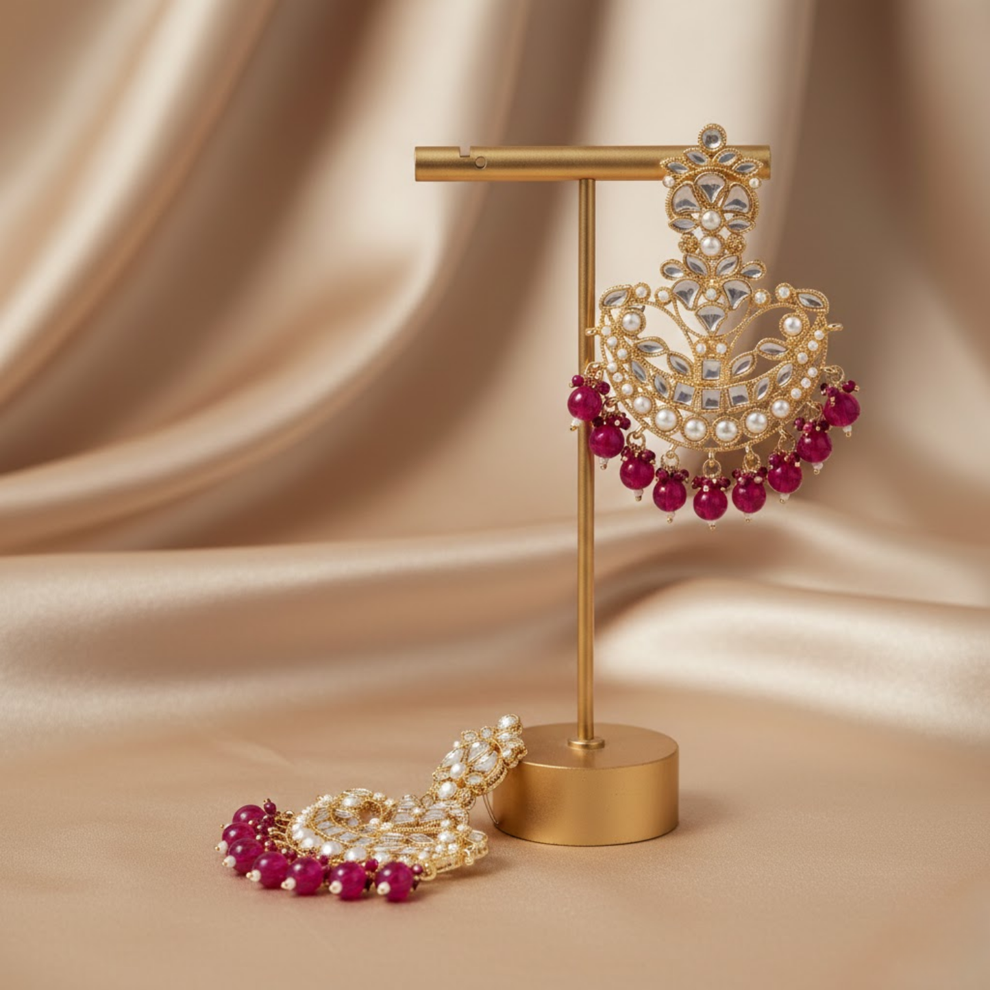 Dark Pink Chandbali Jhumka Earrings