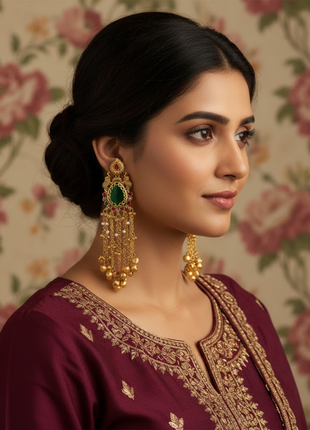 Long Green Maroon Stone Jhumka Earrings By 2wist Designs