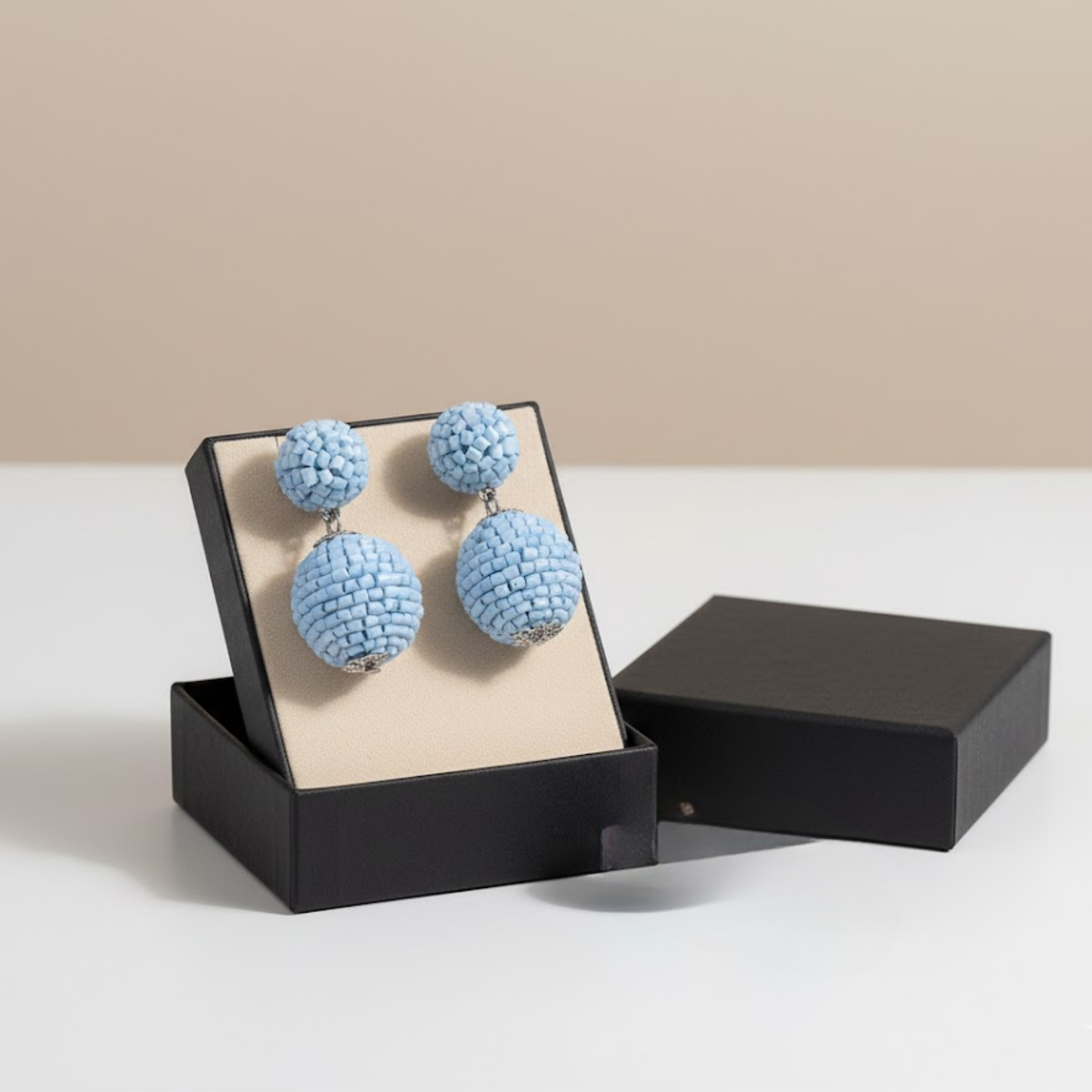 Sky Blue Beaded Geometric Drop Earrings