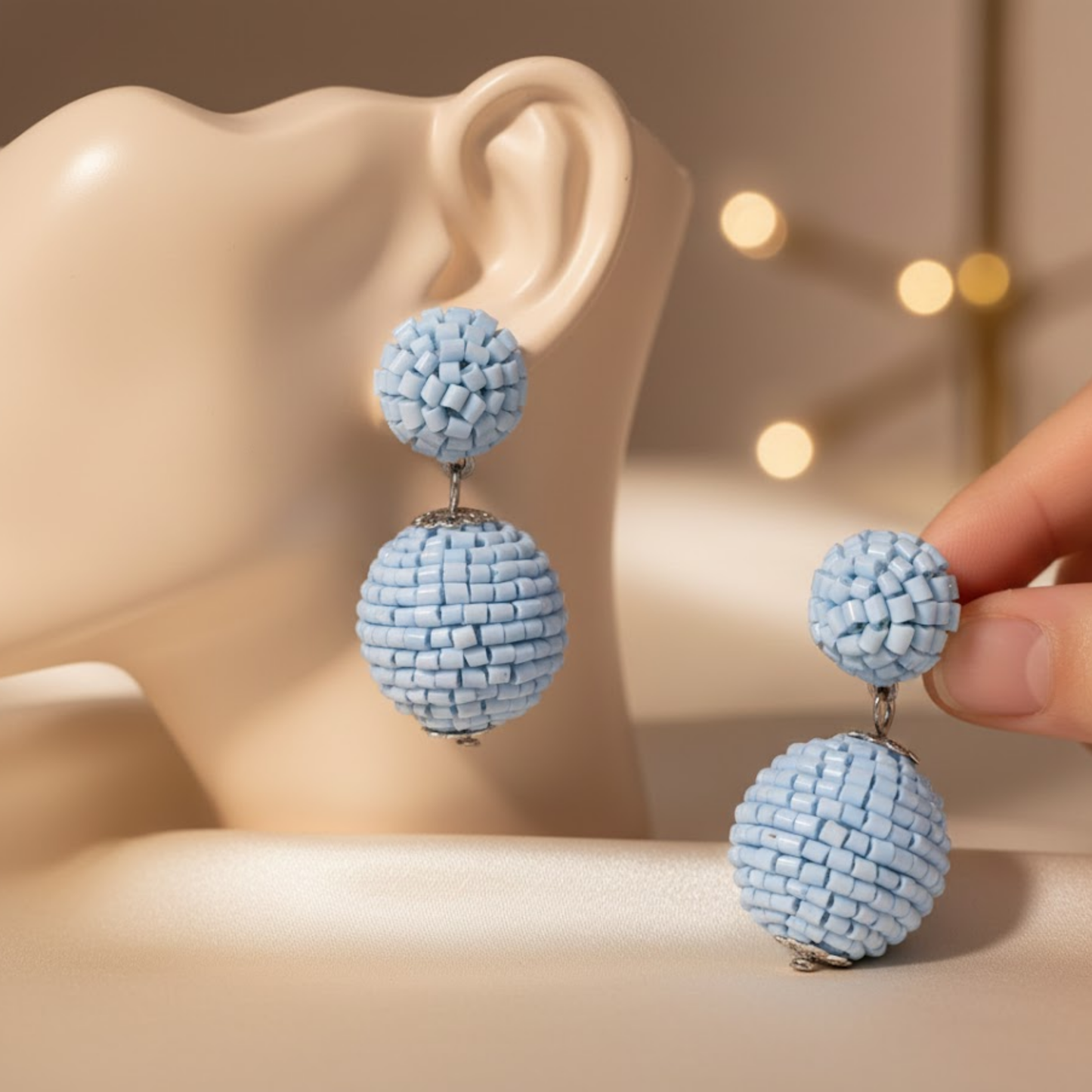 Sky Blue Beaded Geometric Drop Earrings