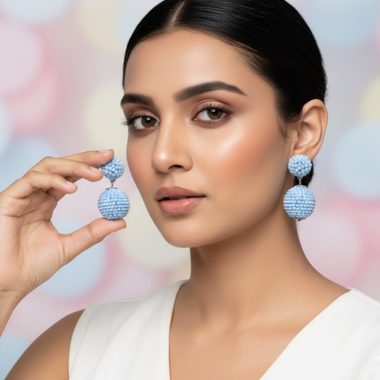 Sky Blue Beaded Geometric Drop Earrings