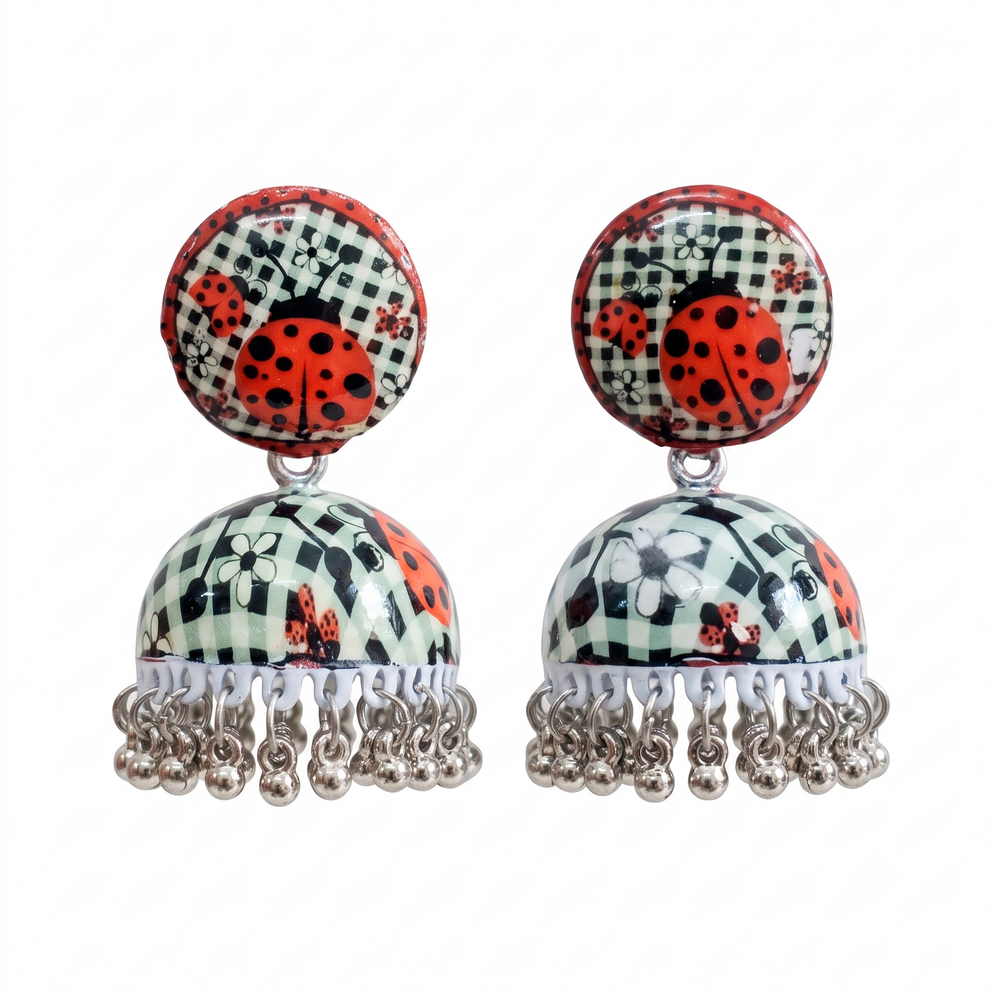 Silver Toned Brass Ladybug Print Jhumka Earrings