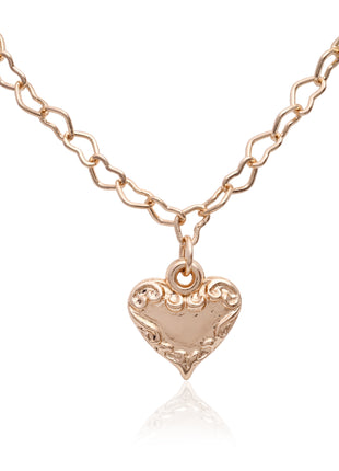 Rose Gold Filigree Heart Pendant Necklace with Intricate Heart-Link Chain