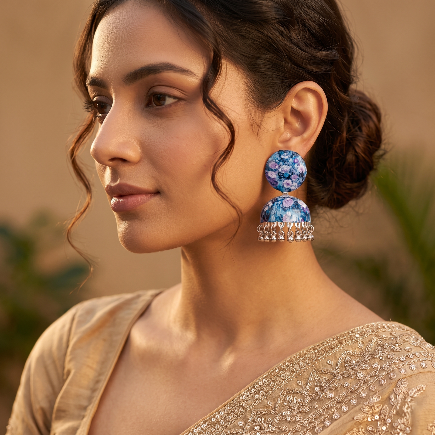 Silver Toned Brass Blue Floral Print Jhumka Earrings