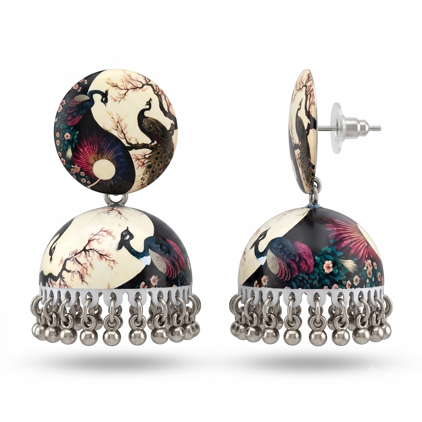 Silver Toned Brass Peacock Print Jhumka Earrings