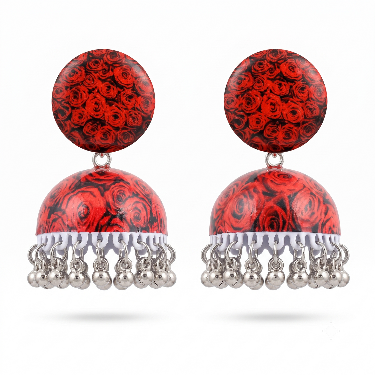 Silver Toned Brass Rose Print Jhumka Earrings
