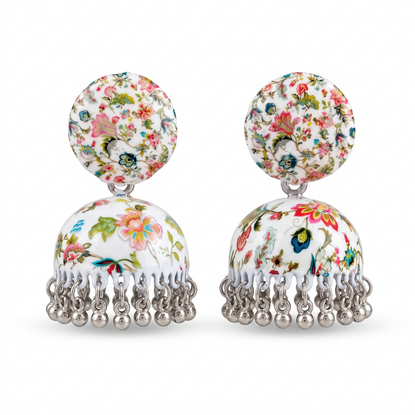 Silver Toned Brass Floral Print Jhumka Earrings