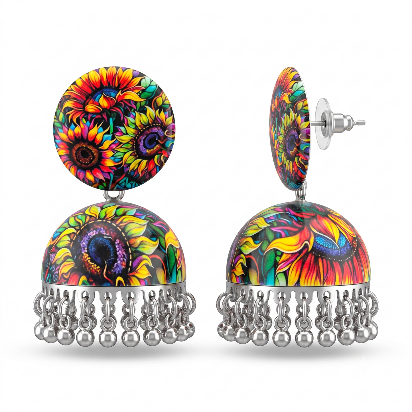 Silver Toned Brass Multicolor Sunflower Print Jhumka Earrings