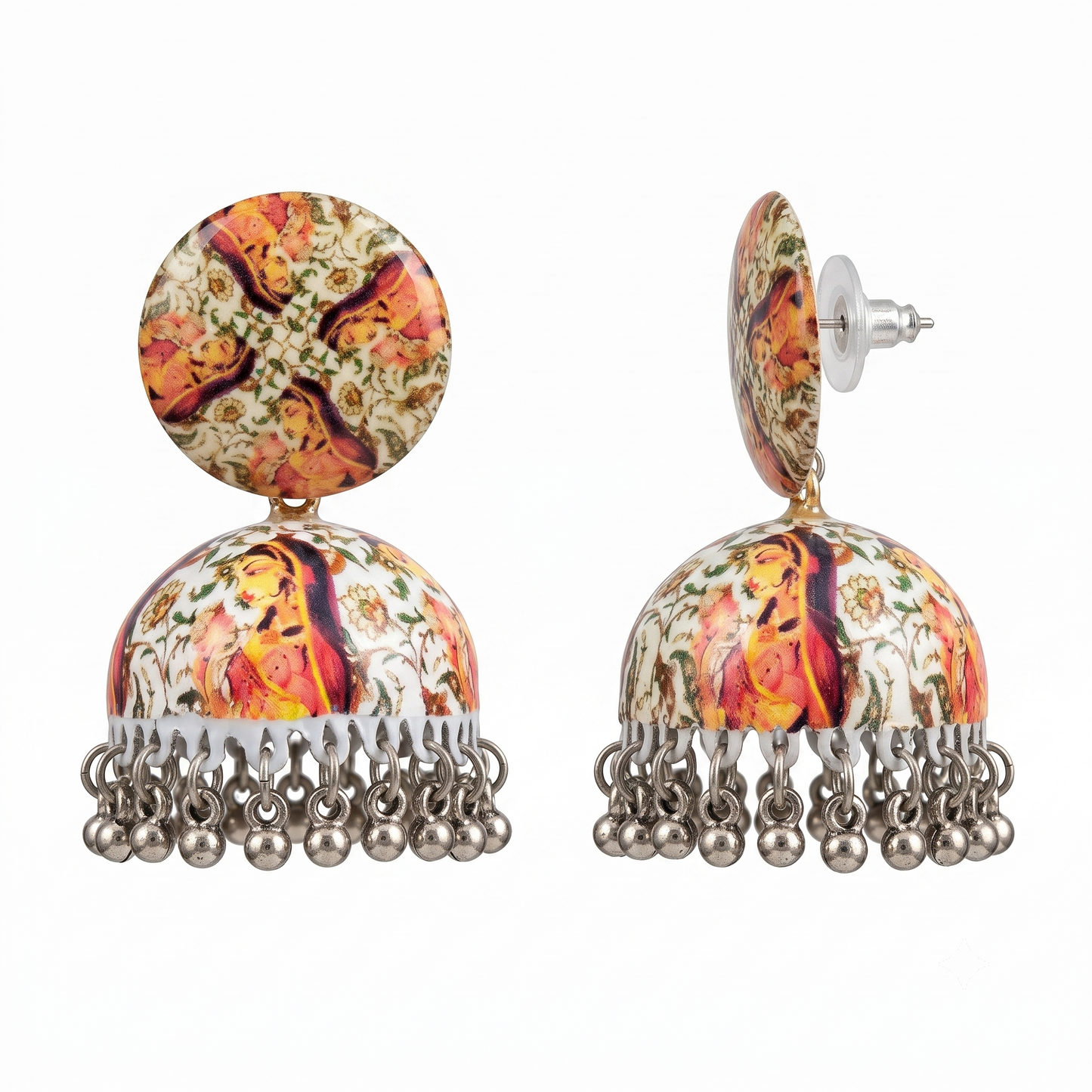 Silver Toned Brass Orange Floral Print Jhumka Earrings