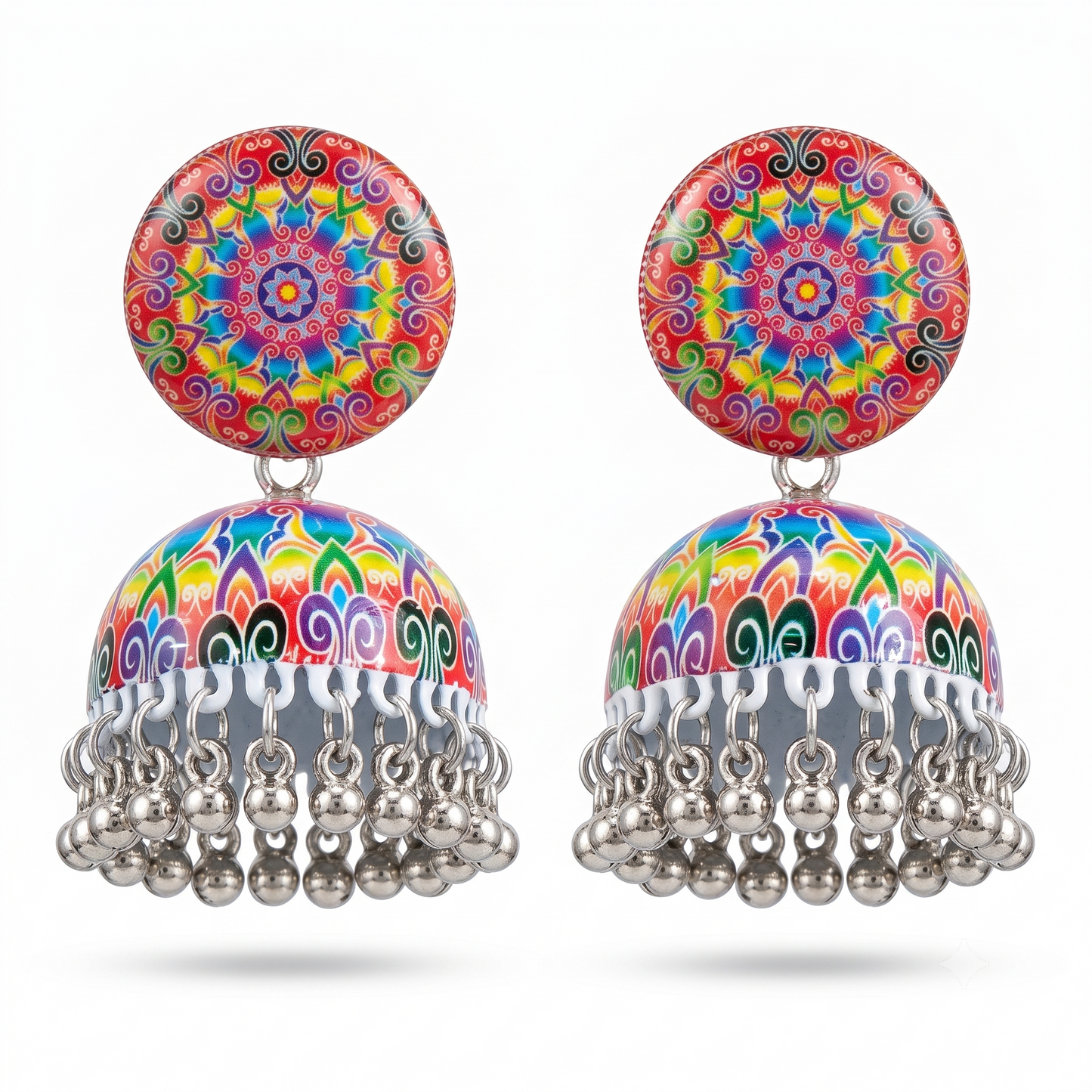 Silver Toned Brass Rainbow Mandala Print Jhumka Earrings