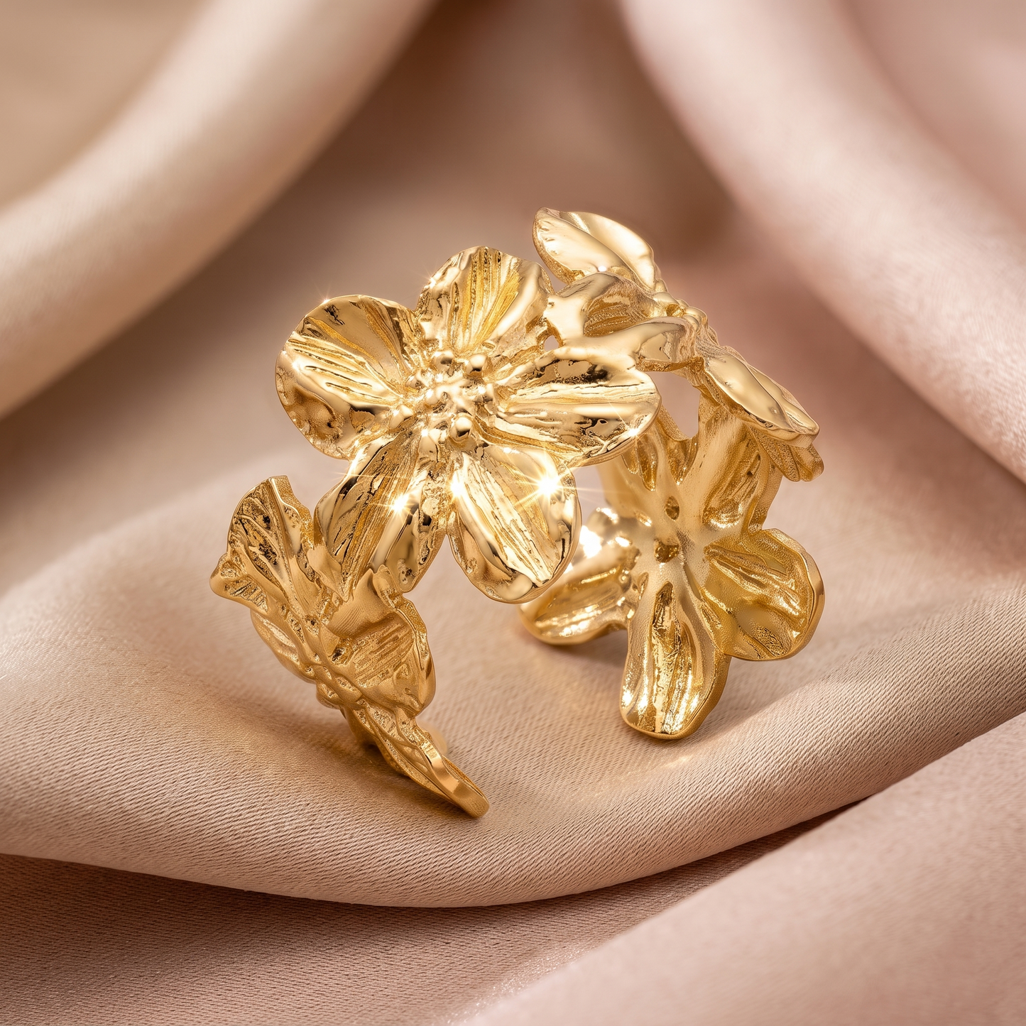 Gold Toned Brass Flower Necklace, Earrings And Ring Set