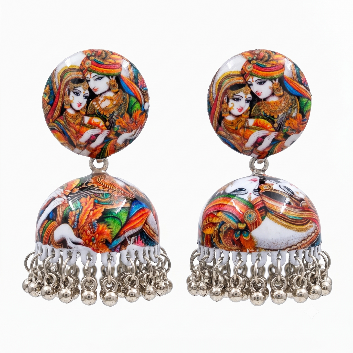 Silver Toned Brass Radha Krishna Print Jhumka Earrings