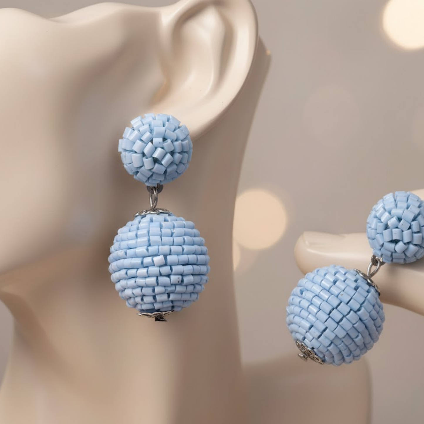 Sky Blue Beaded Geometric Drop Earrings
