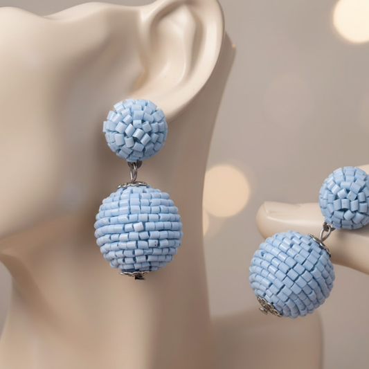 Sky Blue Beaded Geometric Drop Earrings