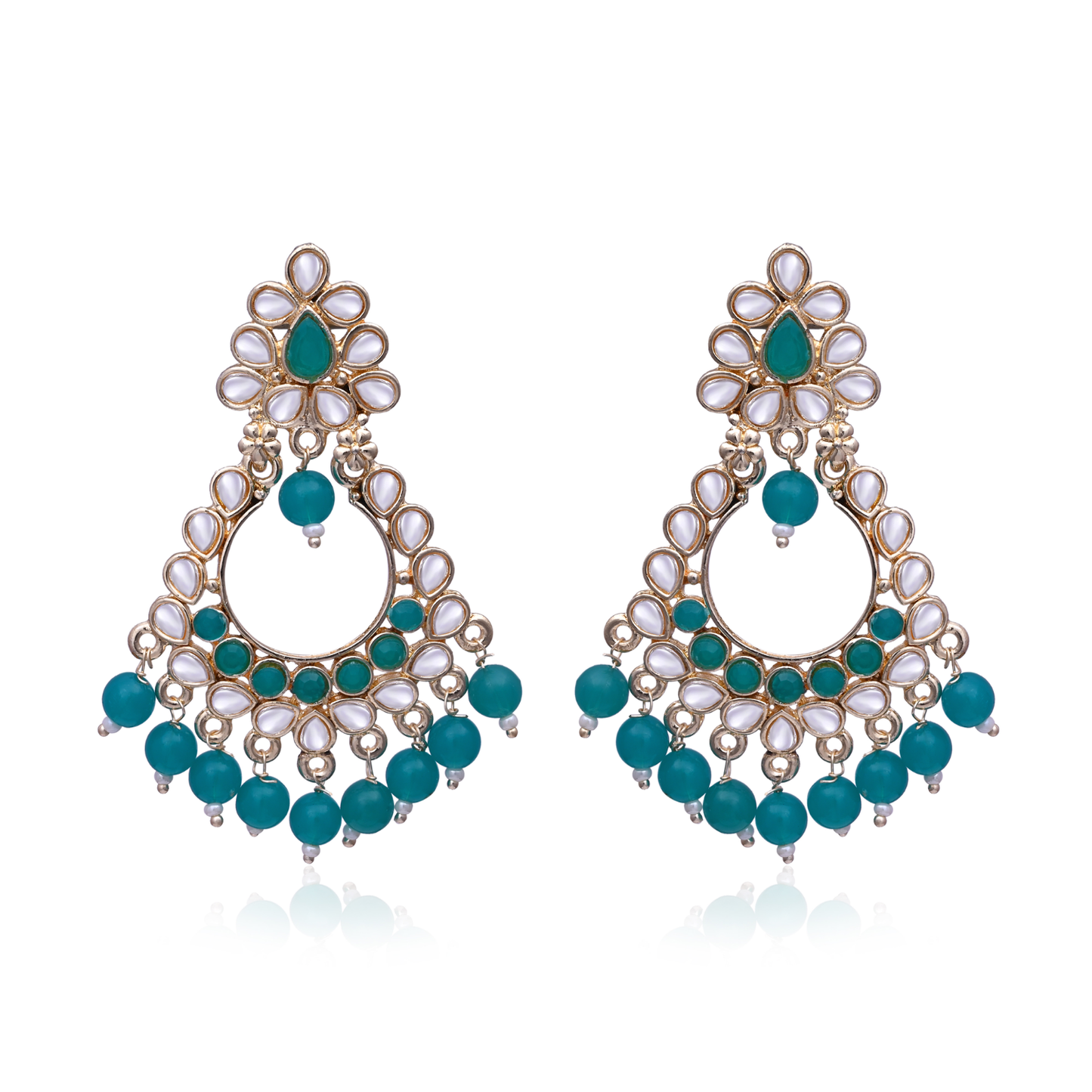 Teal White Stone Chandbali Earrings