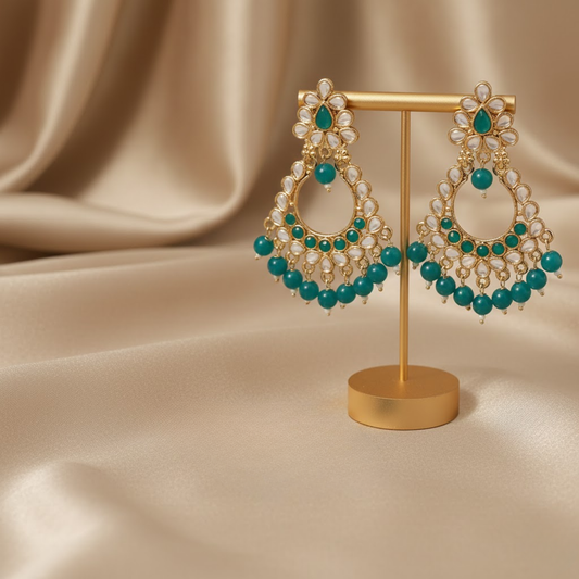 Teal White Stone Chandbali Earrings