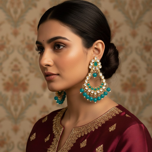 Teal White Stone Chandbali Earrings