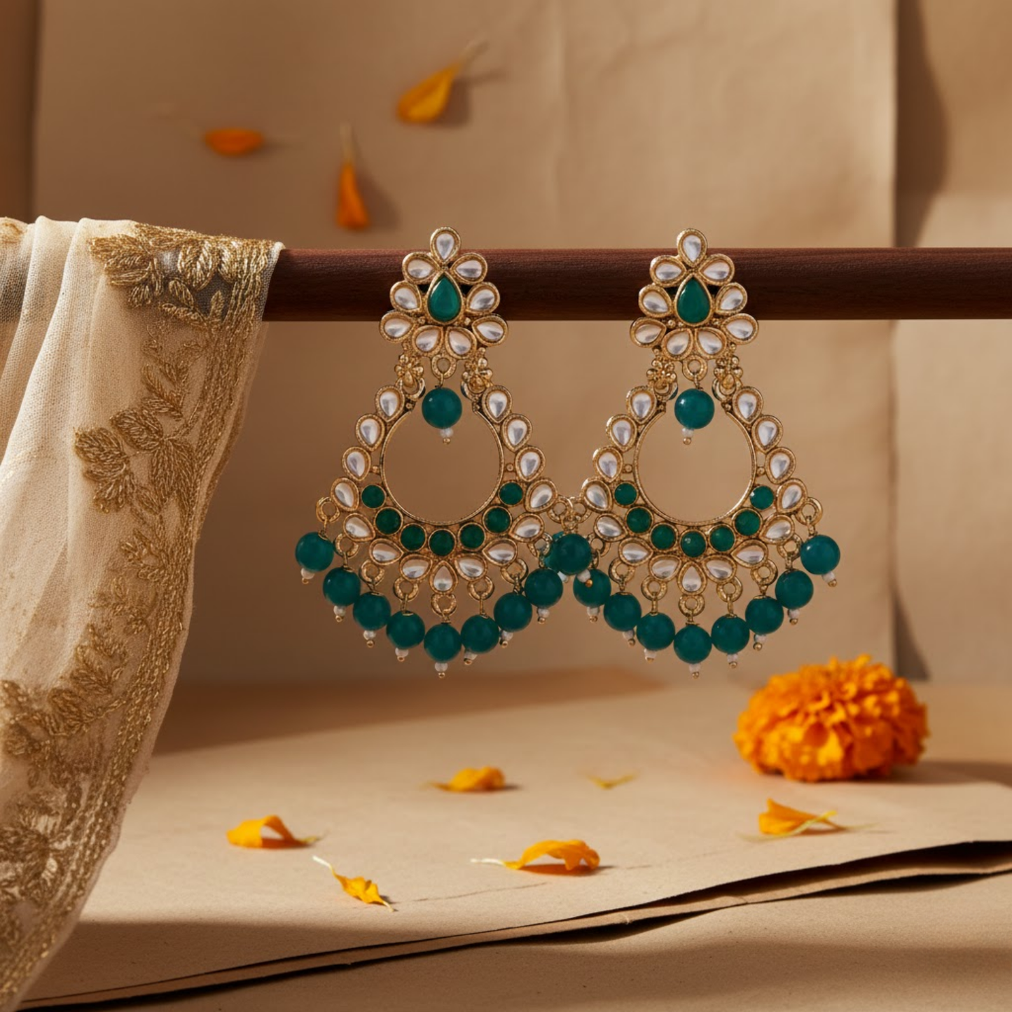Teal White Stone Chandbali Earrings