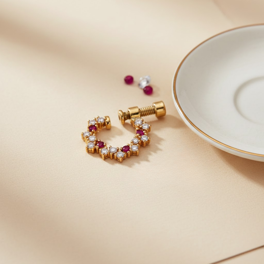 Floral Loop Nose Pin Maroon Stones