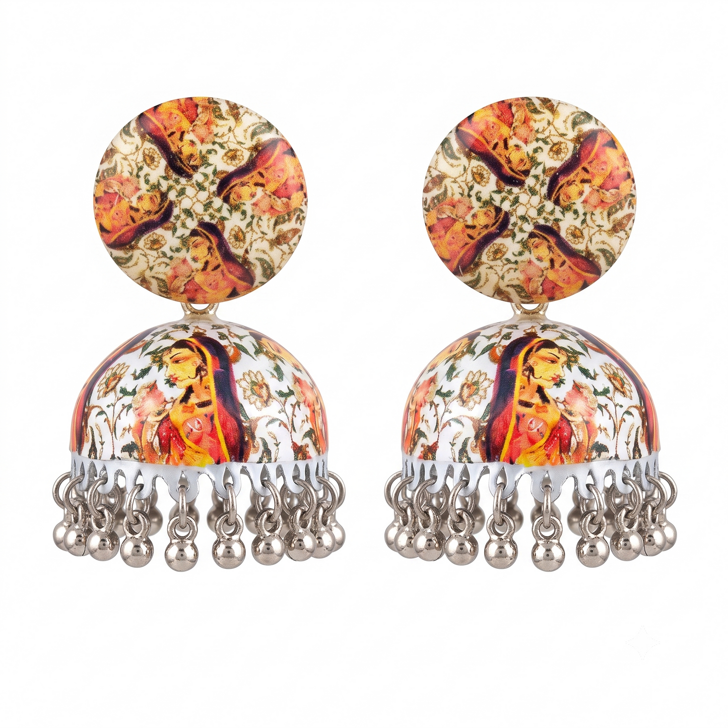 Silver Toned Brass Orange Floral Print Jhumka Earrings