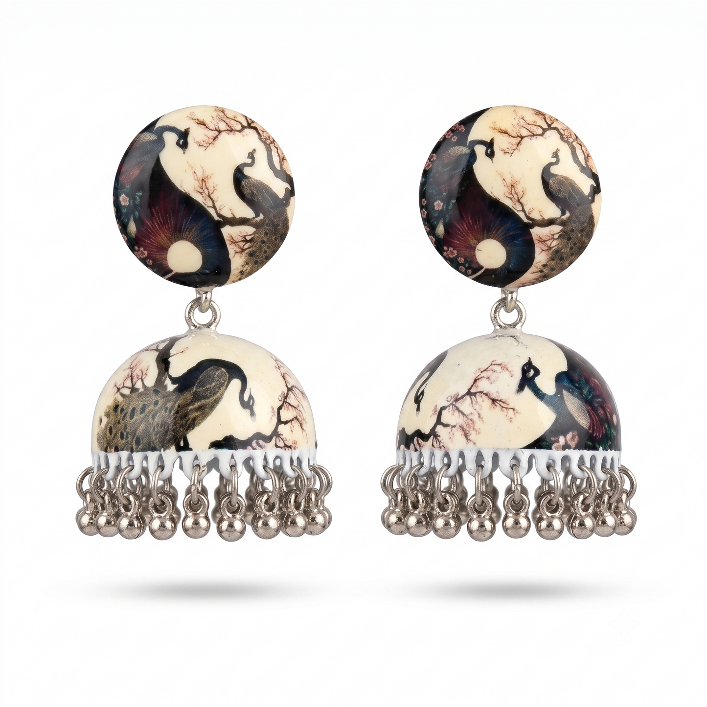 Silver Toned Brass Peacock Print Jhumka Earrings