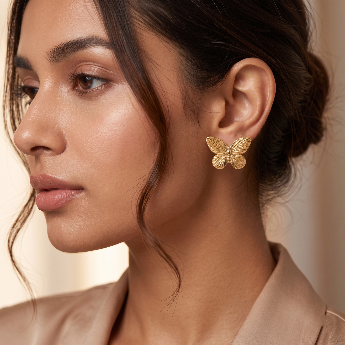 Gold Toned Brass Butterfly Necklace, Earrings And Charm Set