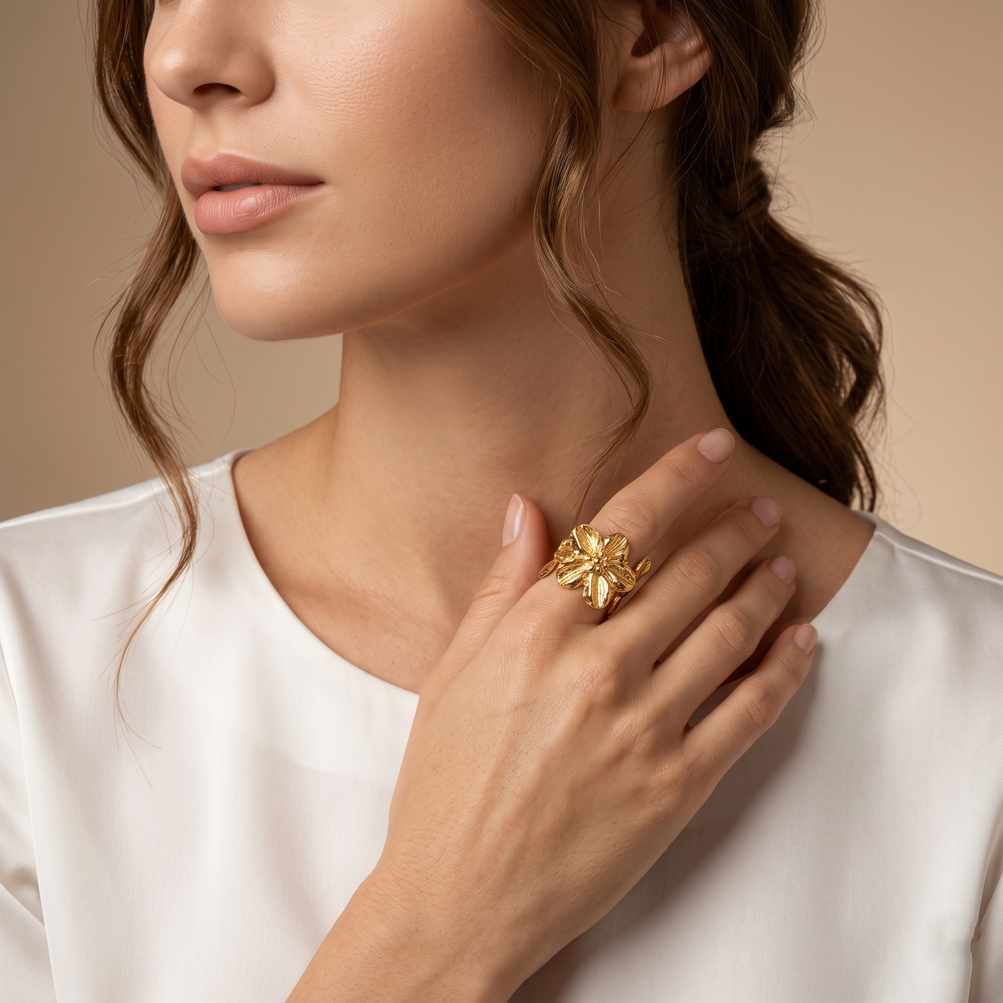 Gold Toned Brass Flower Necklace, Earrings And Ring Set