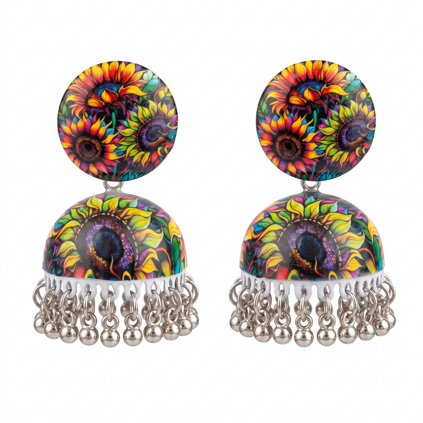 Silver Toned Brass Multicolor Sunflower Print Jhumka Earrings