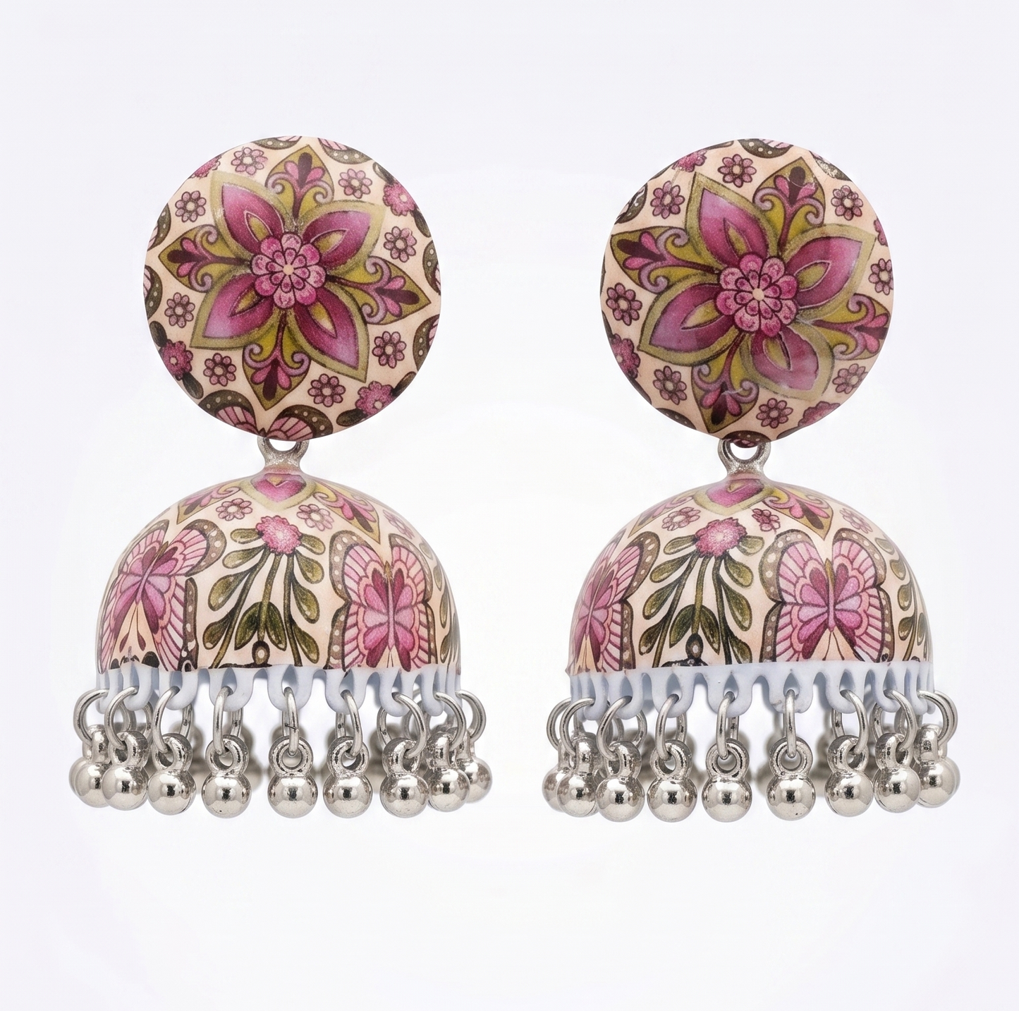 Silver Toned Brass Pink Floral Mandala Print Jhumka Earrings
