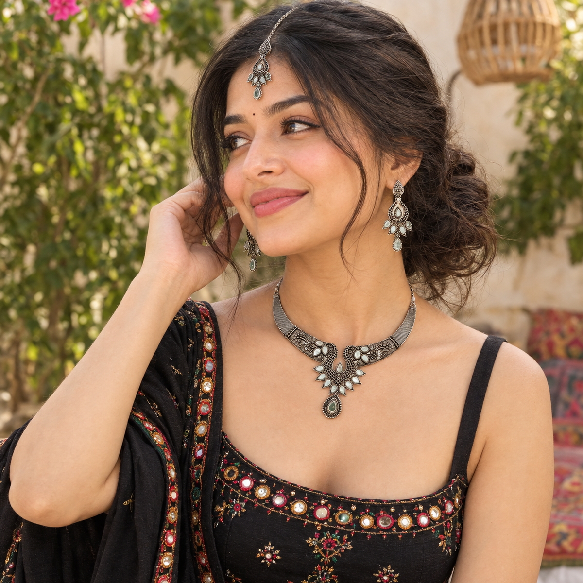 Oxidized Alloy Metal Statement Necklace Set with Matching Earrings With Maang Tikha