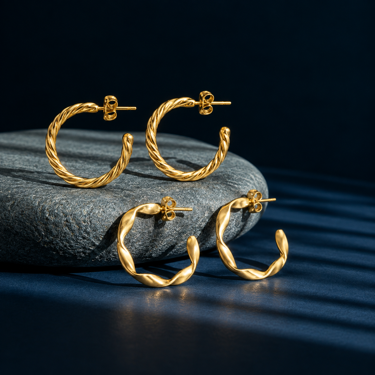 Gold Plated Twisted Rope and Matte Wave Open Hoop Earrings Combo for Women