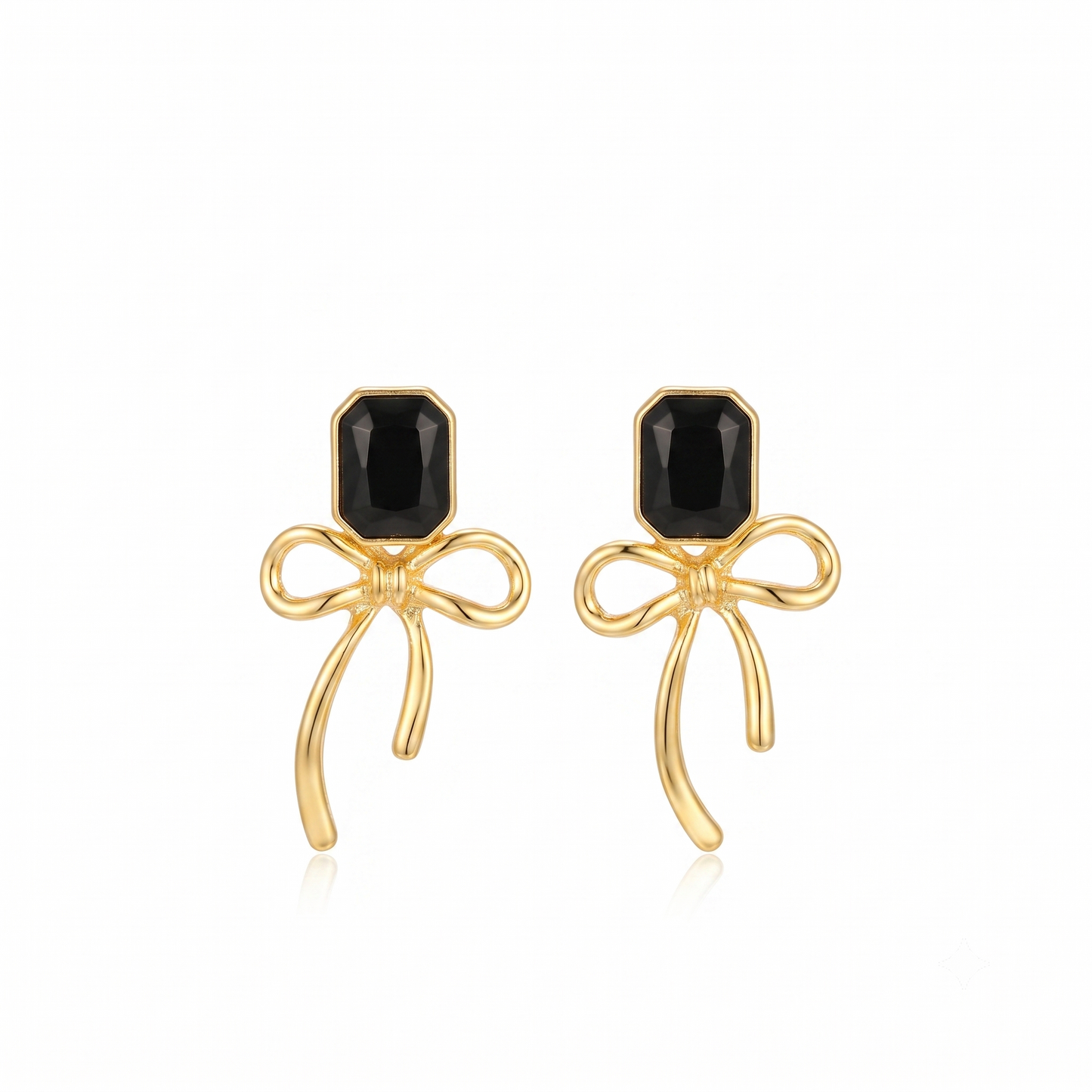 Gold Plated Brass Black Gem Bow Drop Earrings